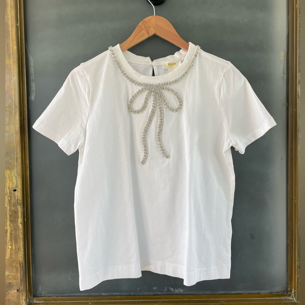 Maeve Anthropologie White Rhinestone Bow Tee Top S Coquette Embellished